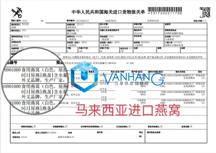 馬來西亞燕窩進(jìn)口報關(guān)資料